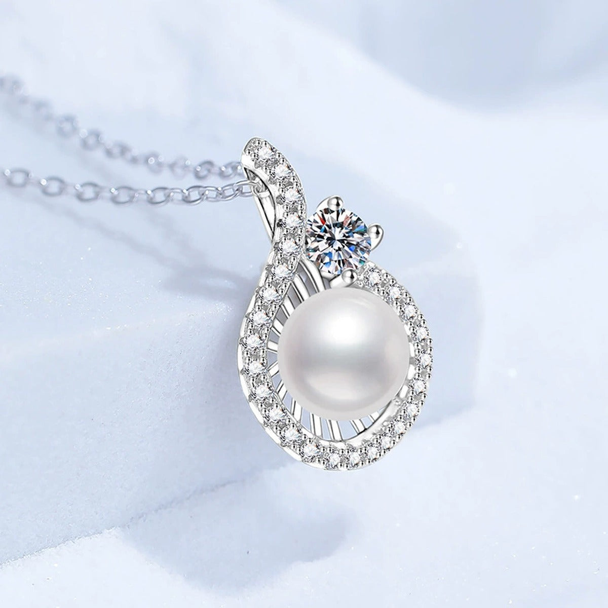 Pear Halo Moissanite Freshwater Pearl Pendant Necklace with Cubic Zirconia in White Gold-Plated S925 Sterling Silver close-up product detail view