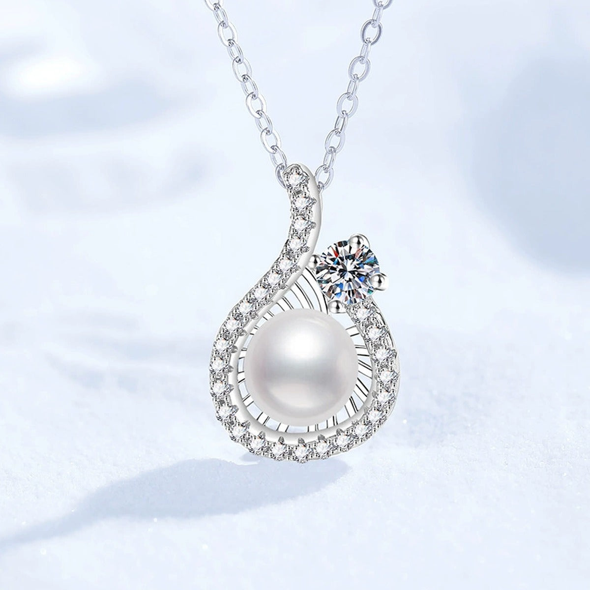 Pear Halo Moissanite Freshwater Pearl Pendant Necklace with Cubic Zirconia in White Gold-Plated S925 Sterling Silver close-up product detail view
