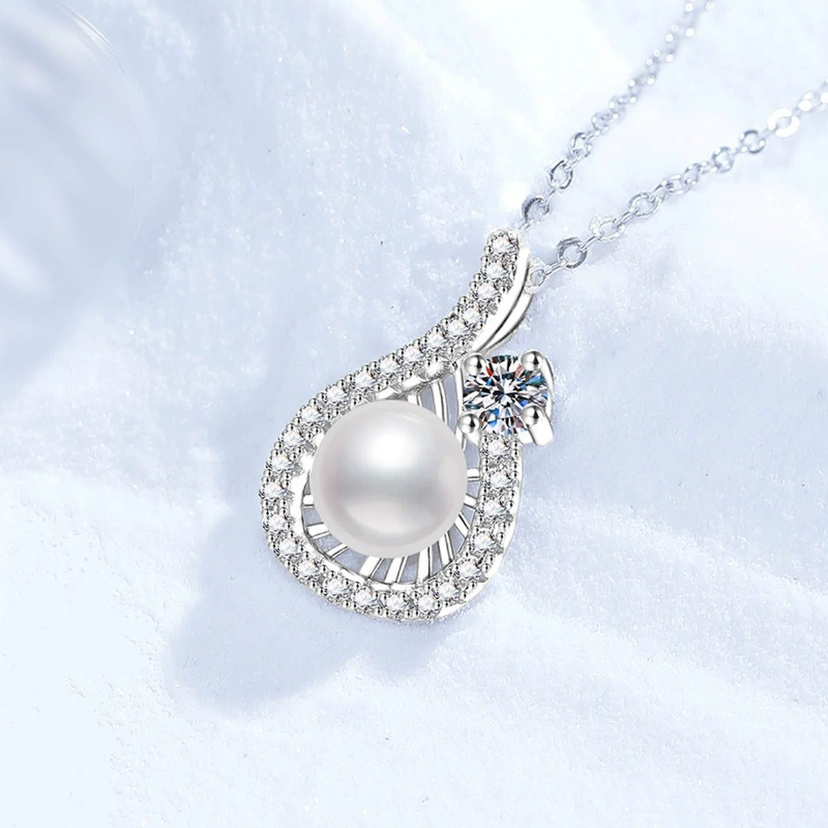 Pear Halo Moissanite Freshwater Pearl Pendant Necklace with Cubic Zirconia in White Gold-Plated S925 Sterling Silver close-up product detail view