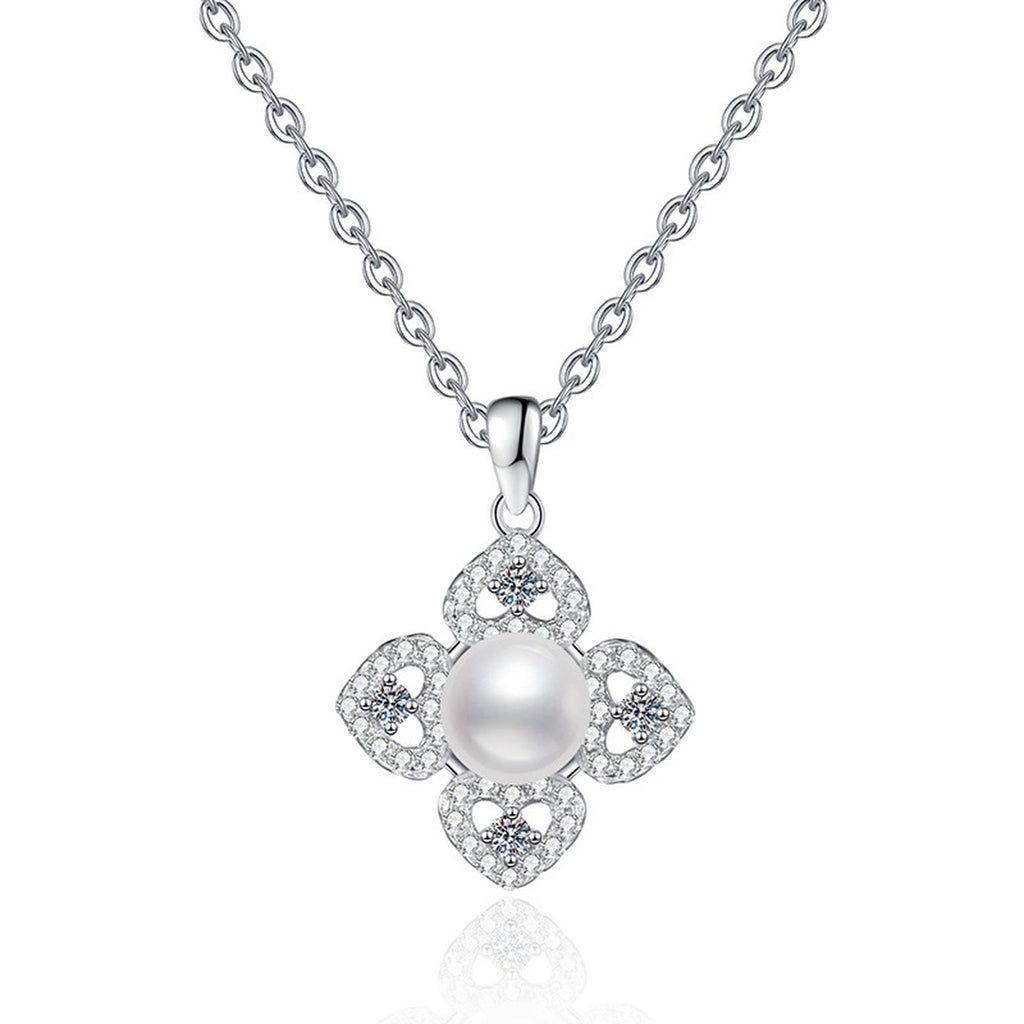 Clover Moissanite Freshwater Pearl Pendant Necklace with Cubic Zirconia in White Gold-Plated S925 Sterling Silver on clean white background showing the clover-style pendant with a freshwater pearl center
