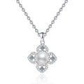 Clover Moissanite Freshwater Pearl Pendant Necklace with Cubic Zirconia in White Gold-Plated S925 Sterling Silver on clean white background showing the clover-style pendant with a freshwater pearl center