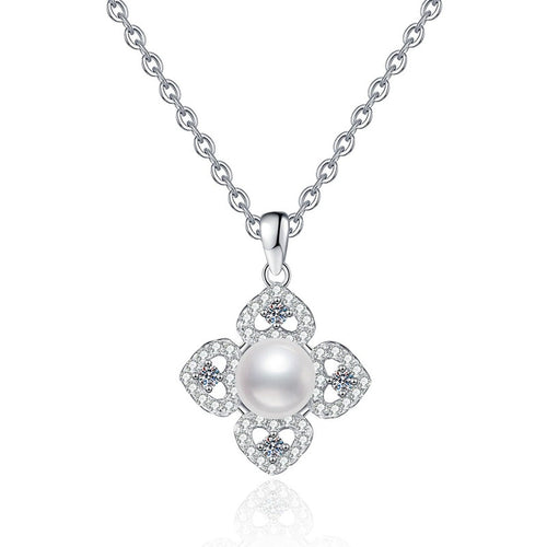 Clover Moissanite Freshwater Pearl Pendant Necklace with Cubic Zirconia in White Gold-Plated S925 Sterling Silver on clean white background showing the clover-style pendant with a freshwater pearl center