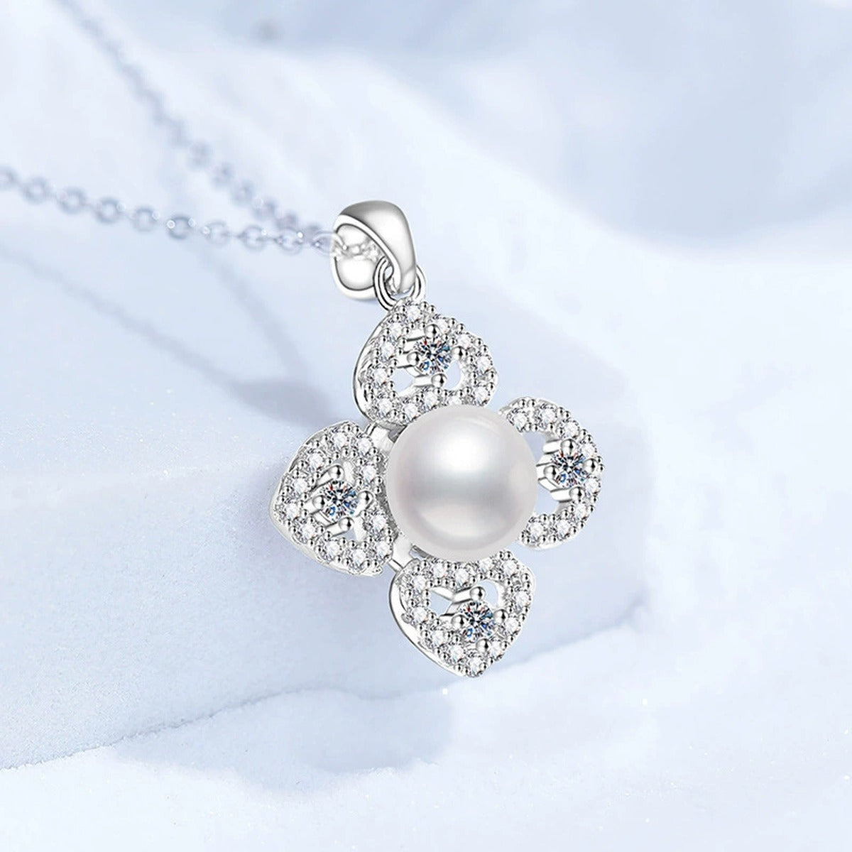 Clover Moissanite Freshwater Pearl Pendant Necklace with Cubic Zirconia in White Gold-Plated S925 Sterling Silver close-up product detail view