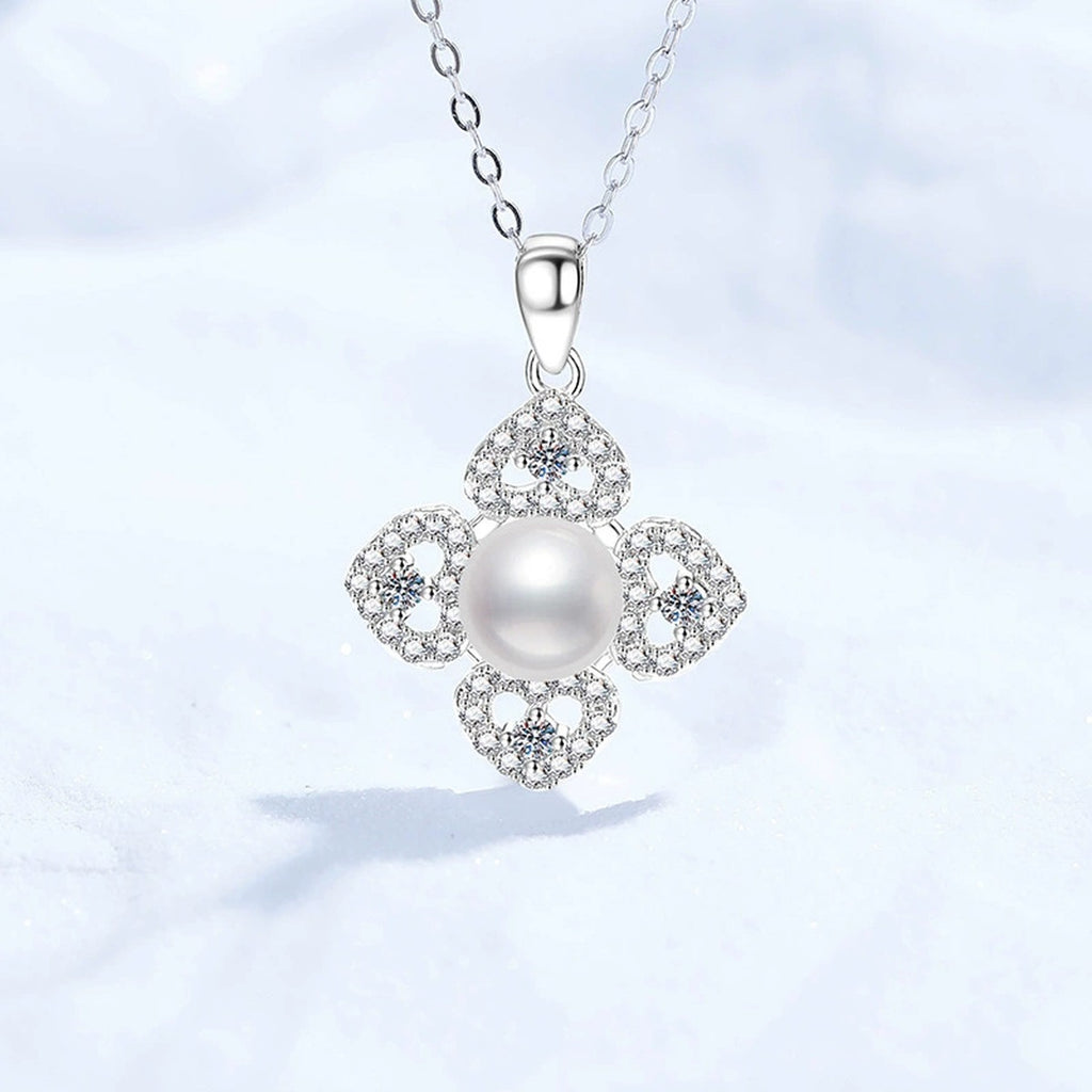 Clover Moissanite Freshwater Pearl Pendant Necklace with Cubic Zirconia in White Gold-Plated S925 Sterling Silver close-up product detail view