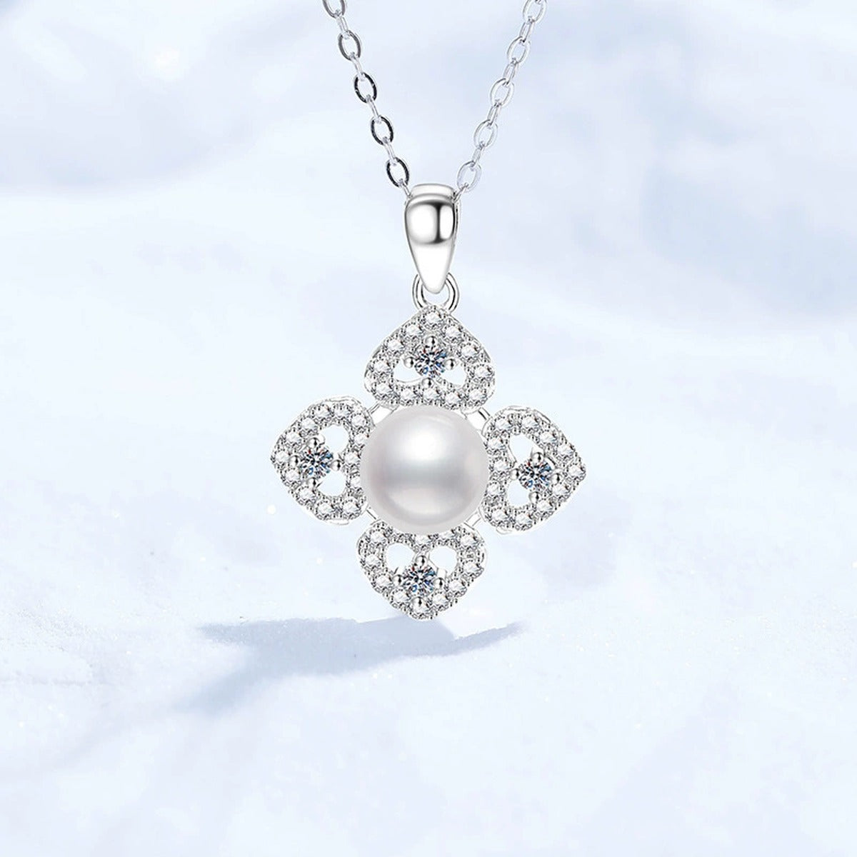 Clover Moissanite Freshwater Pearl Pendant Necklace with Cubic Zirconia in White Gold-Plated S925 Sterling Silver close-up product detail view
