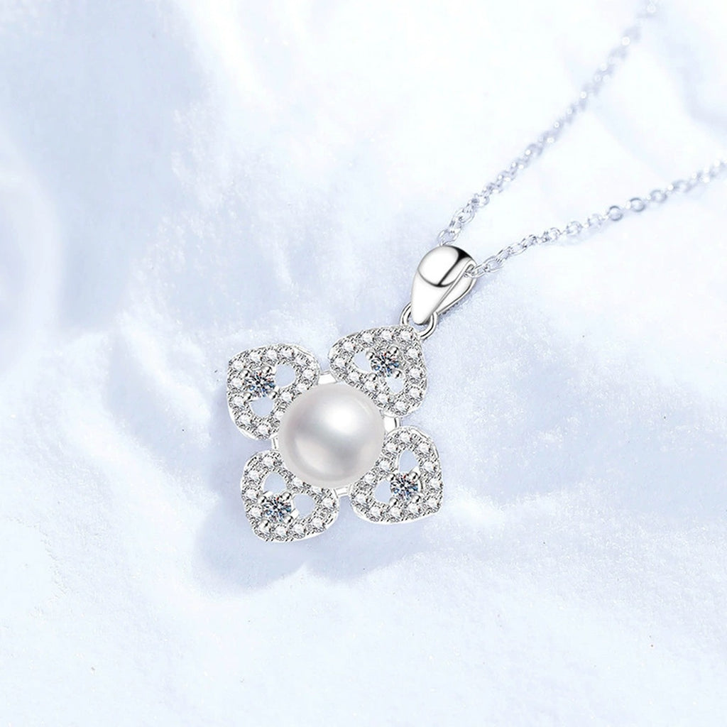 Clover Moissanite Freshwater Pearl Pendant Necklace with Cubic Zirconia in White Gold-Plated S925 Sterling Silver close-up product detail view