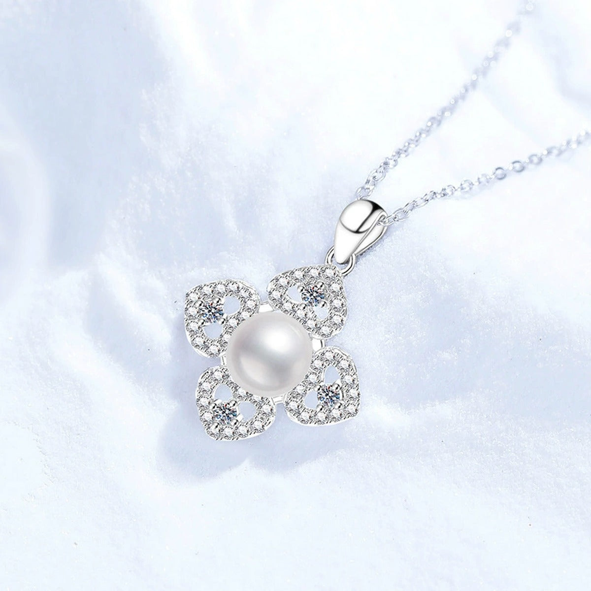 Clover Moissanite Freshwater Pearl Pendant Necklace with Cubic Zirconia in White Gold-Plated S925 Sterling Silver close-up product detail view