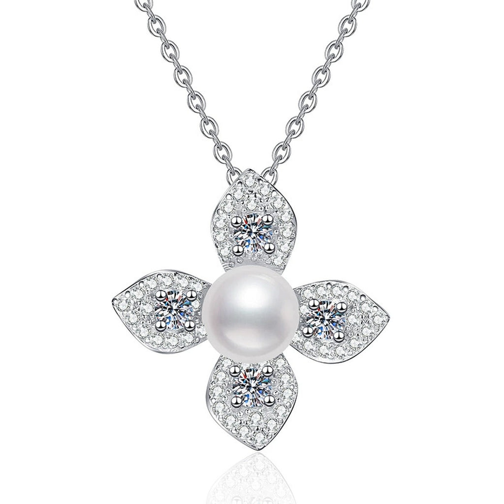 Floral Moissanite Freshwater Pearl Pendant Necklace with Cubic Zirconia in White Gold-Plated S925 Sterling Silver on clean white background showing the flower-shaped pendant with a freshwater pearl center
