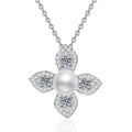 Floral Moissanite Freshwater Pearl Pendant Necklace with Cubic Zirconia in White Gold-Plated S925 Sterling Silver on clean white background showing the flower-shaped pendant with a freshwater pearl center