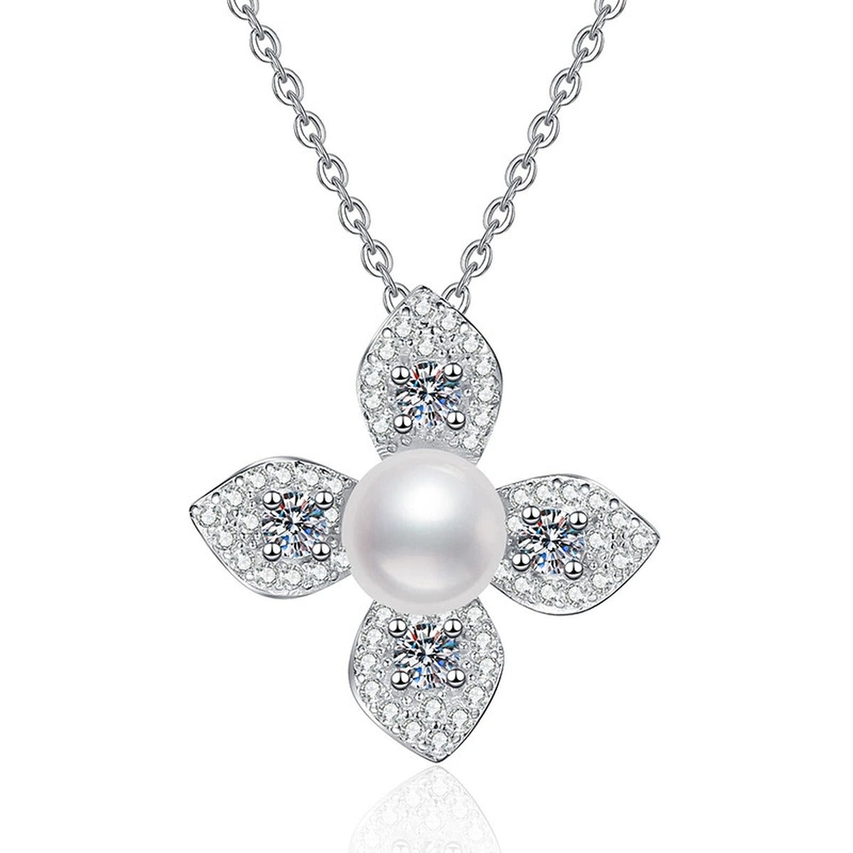Floral Moissanite Freshwater Pearl Pendant Necklace with Cubic Zirconia in White Gold-Plated S925 Sterling Silver on clean white background showing the flower-shaped pendant with a freshwater pearl center