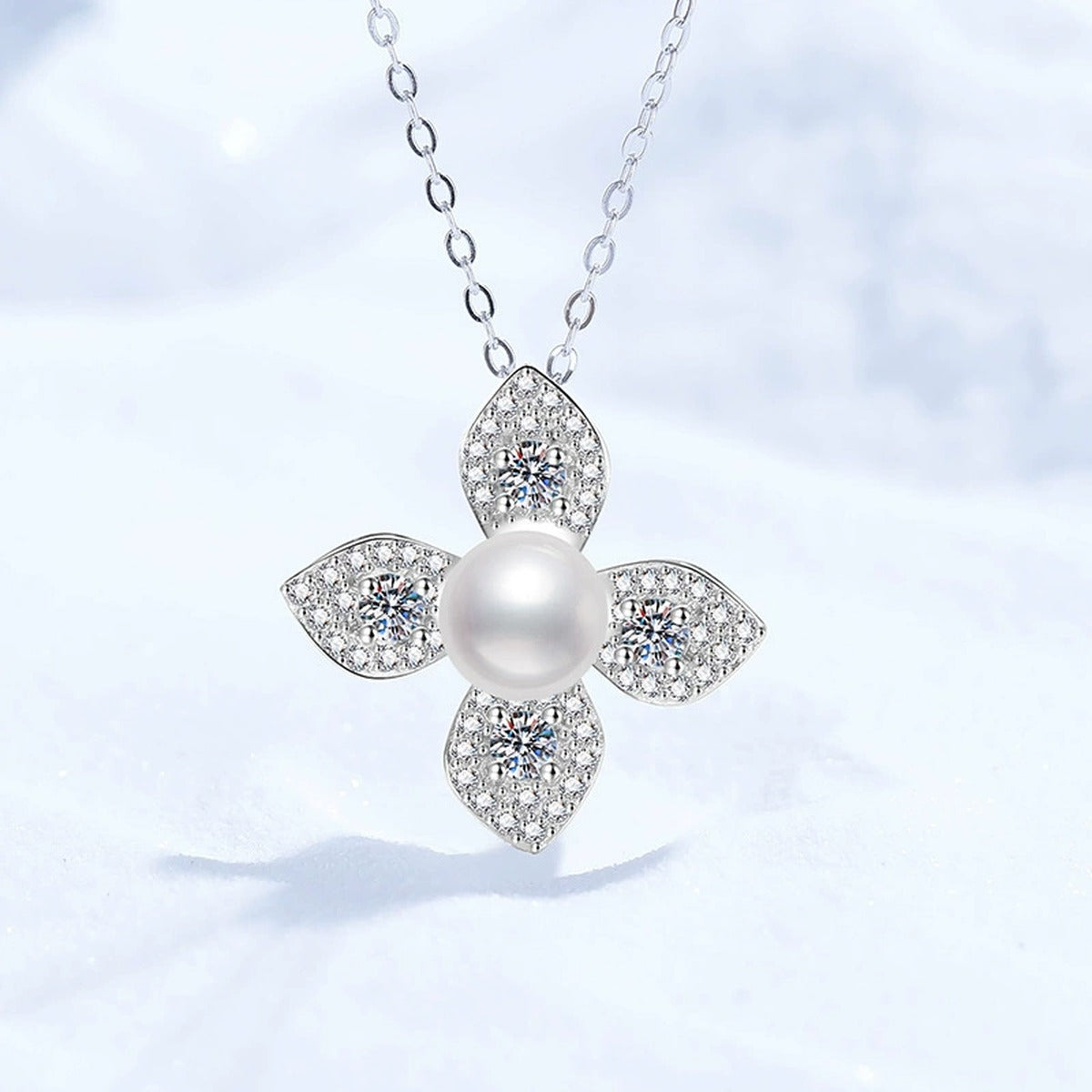 Floral Moissanite Freshwater Pearl Pendant Necklace with Cubic Zirconia in White Gold-Plated S925 Sterling Silver close-up product detail view