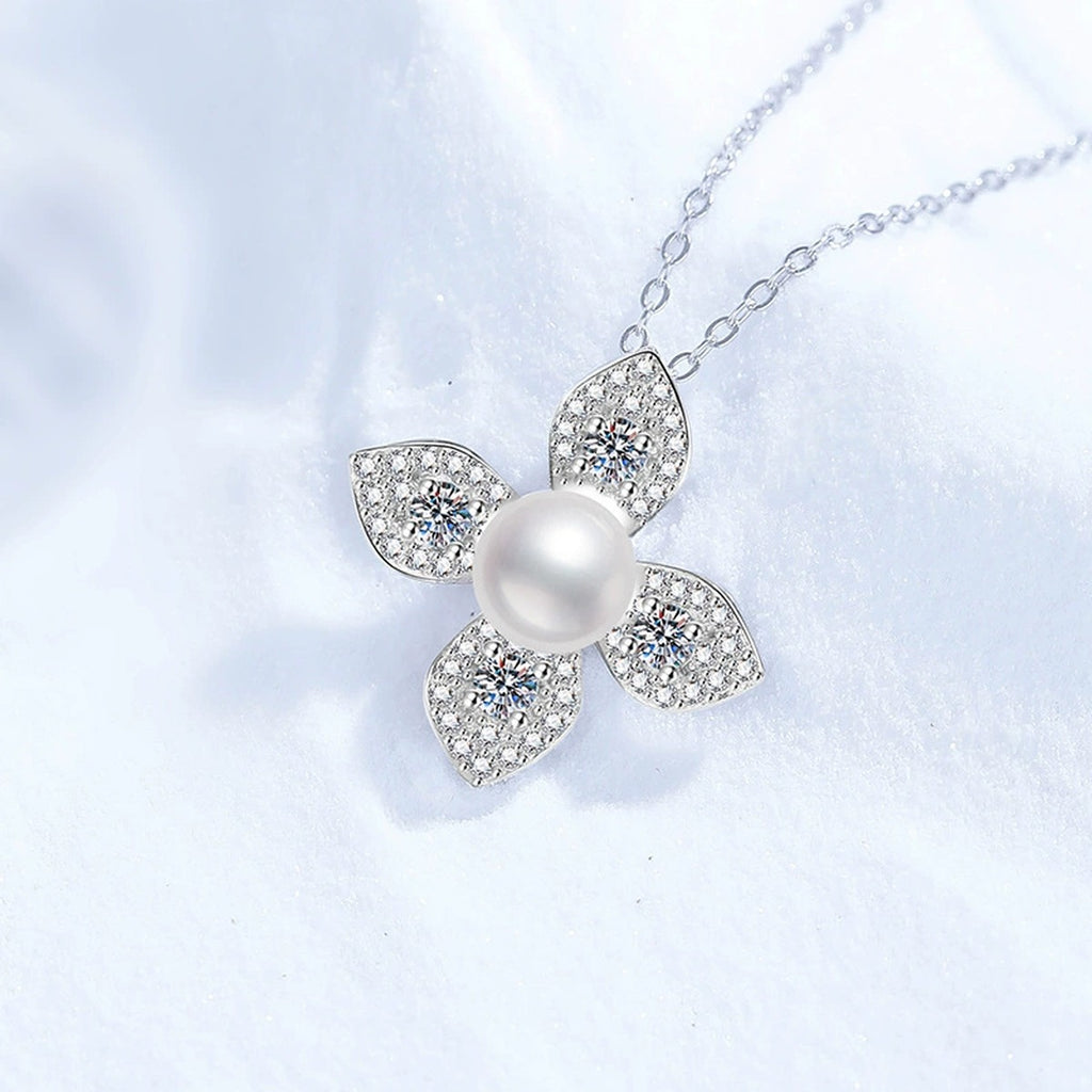 Floral Moissanite Freshwater Pearl Pendant Necklace with Cubic Zirconia in White Gold-Plated S925 Sterling Silver close-up product detail view