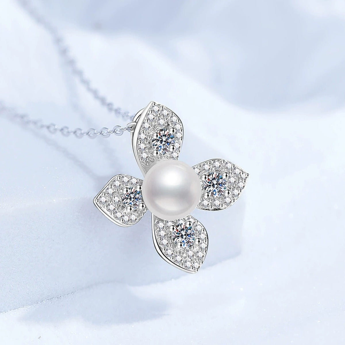 Floral Moissanite Freshwater Pearl Pendant Necklace with Cubic Zirconia in White Gold-Plated S925 Sterling Silver close-up product detail view