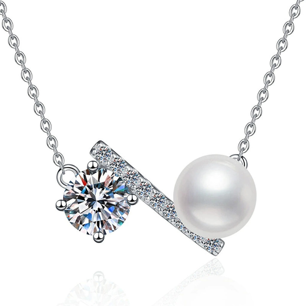 Wing Moissanite Freshwater Pearl Pendant Necklace with Cubic Zirconia in White Gold-Plated S925 Sterling Silver on clean white background showing the wing-like pendant with a freshwater pearl and round moissanite