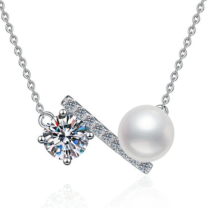 Wing Moissanite Freshwater Pearl Pendant Necklace with Cubic Zirconia in White Gold-Plated S925 Sterling Silver on clean white background showing the wing-like pendant with a freshwater pearl and round moissanite