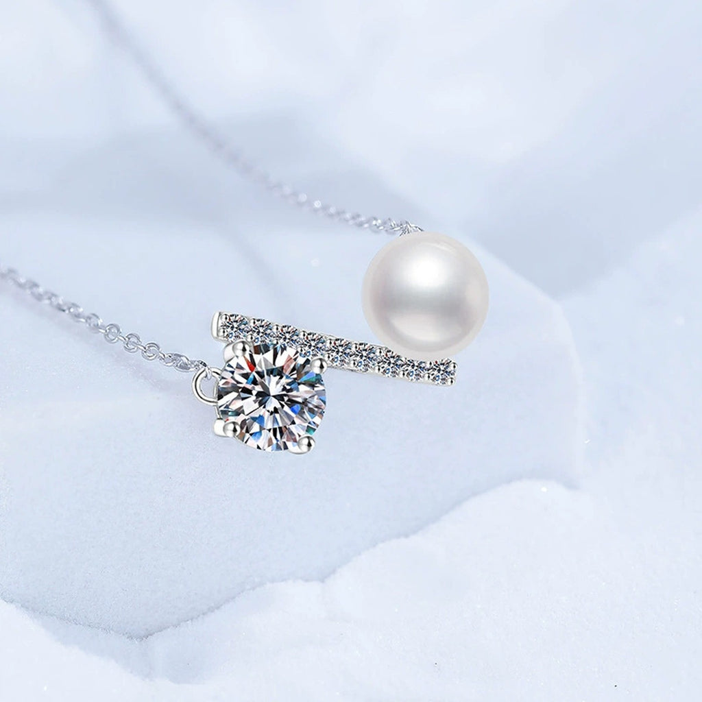 Wing Moissanite Freshwater Pearl Pendant Necklace with Cubic Zirconia in White Gold-Plated S925 Sterling Silver close-up product detail view