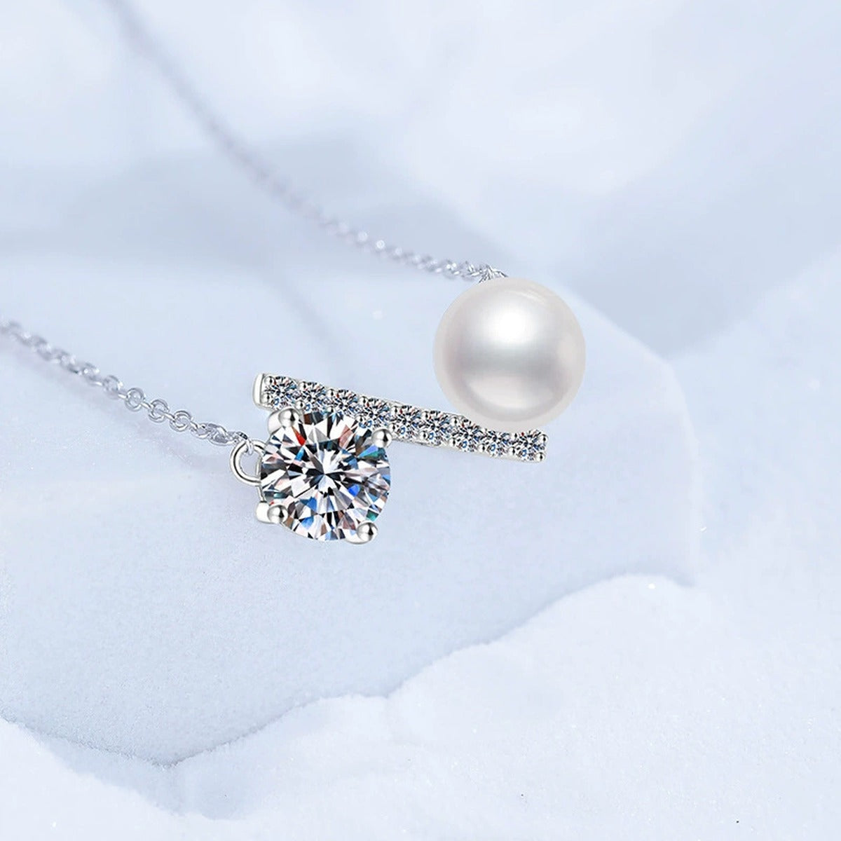 Wing Moissanite Freshwater Pearl Pendant Necklace with Cubic Zirconia in White Gold-Plated S925 Sterling Silver close-up product detail view