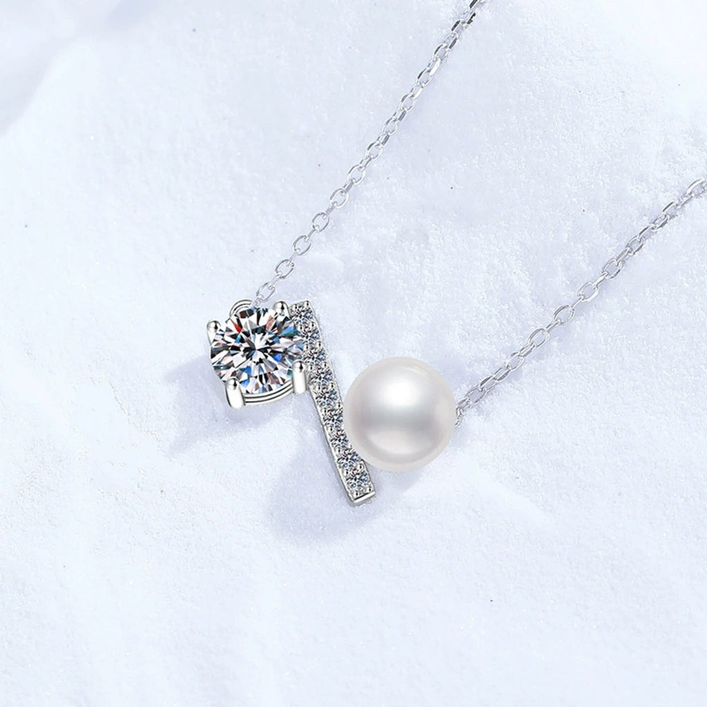 Wing Moissanite Freshwater Pearl Pendant Necklace with Cubic Zirconia in White Gold-Plated S925 Sterling Silver close-up product detail view