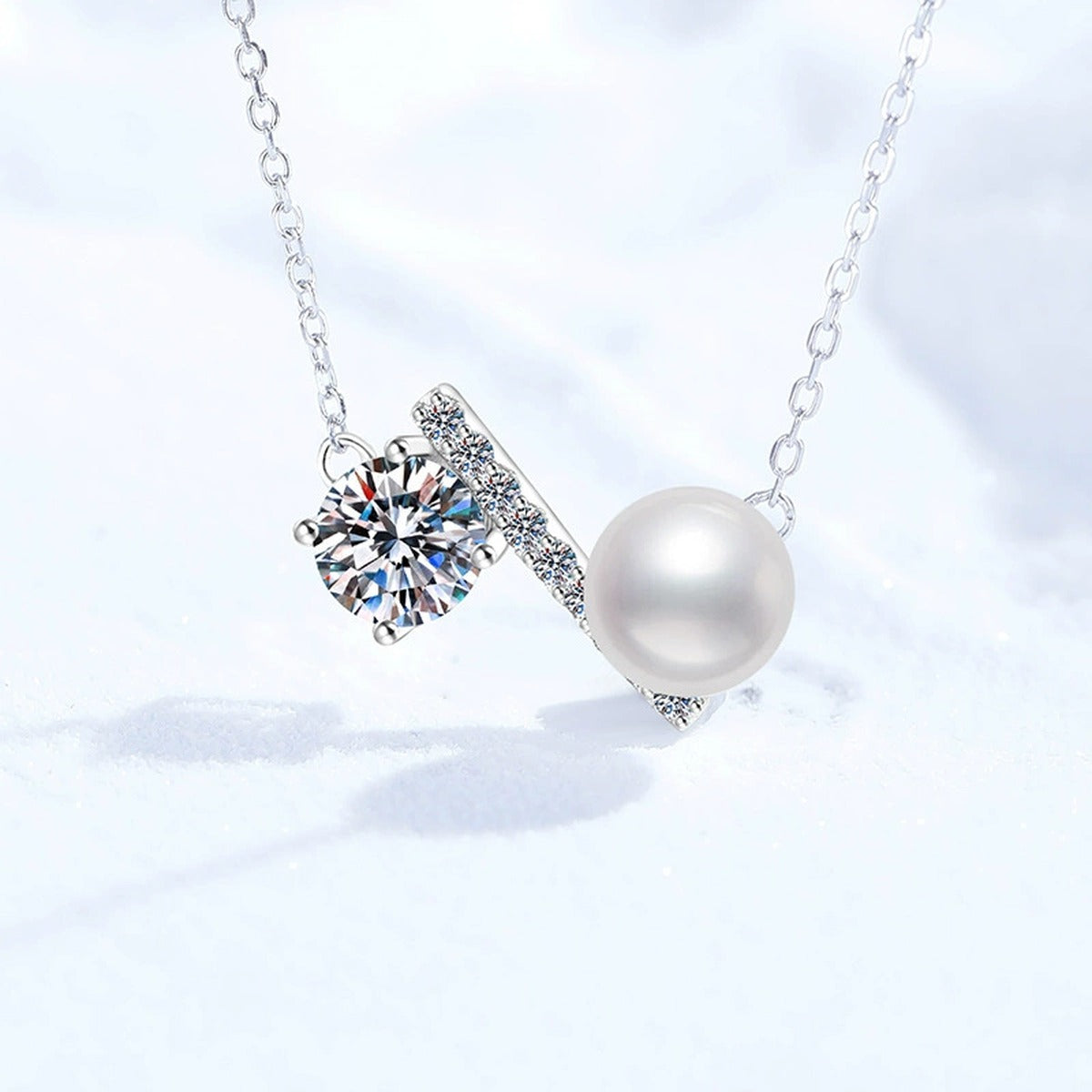 Wing Moissanite Freshwater Pearl Pendant Necklace with Cubic Zirconia in White Gold-Plated S925 Sterling Silver on clean white background showing the wing-like pendant with a freshwater pearl and round moissanite