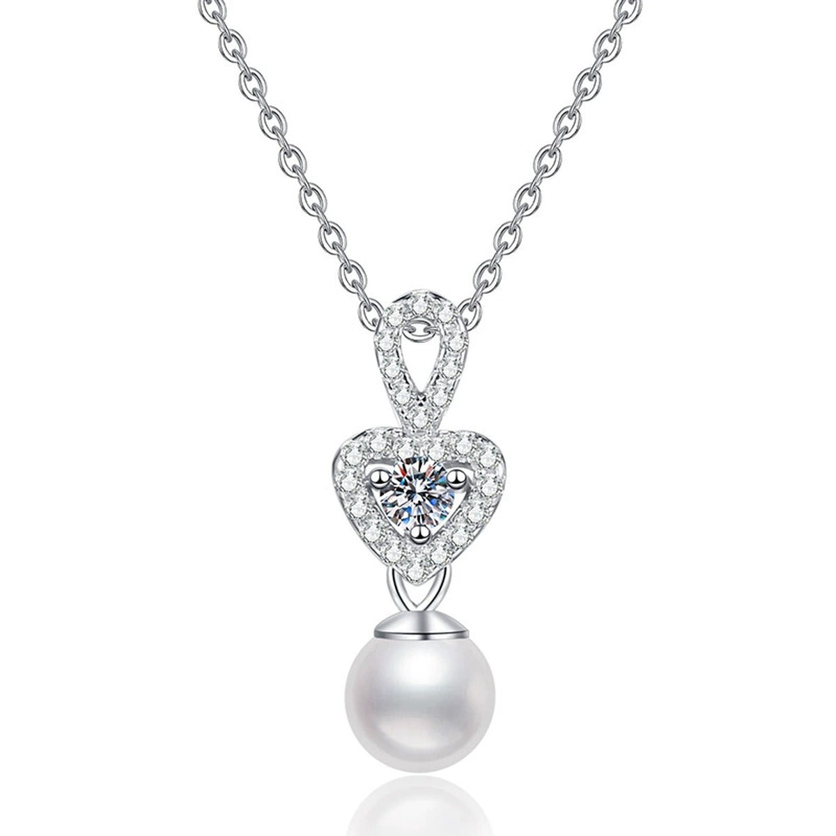 Crown Moissanite Freshwater Pearl Pendant Necklace with Cubic Zirconia in White Gold-Plated S925 Sterling Silver on clean white background showing the crown-inspired pendant with a freshwater pearl drop