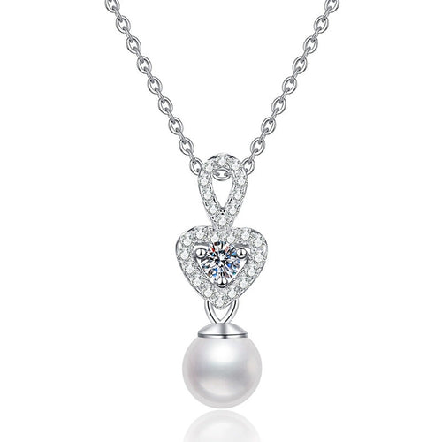 Crown Moissanite Freshwater Pearl Pendant Necklace with Cubic Zirconia in White Gold-Plated S925 Sterling Silver on clean white background showing the crown-inspired pendant with a freshwater pearl drop