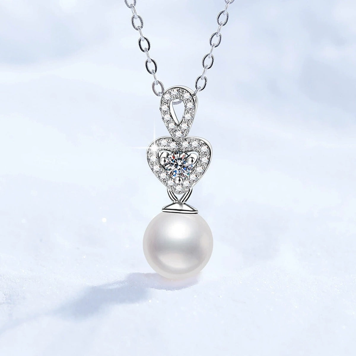 Crown Moissanite Freshwater Pearl Pendant Necklace with Cubic Zirconia in White Gold-Plated S925 Sterling Silver close-up product detail view