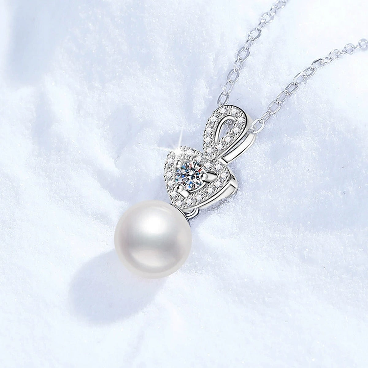 Crown Moissanite Freshwater Pearl Pendant Necklace with Cubic Zirconia in White Gold-Plated S925 Sterling Silver close-up product detail view