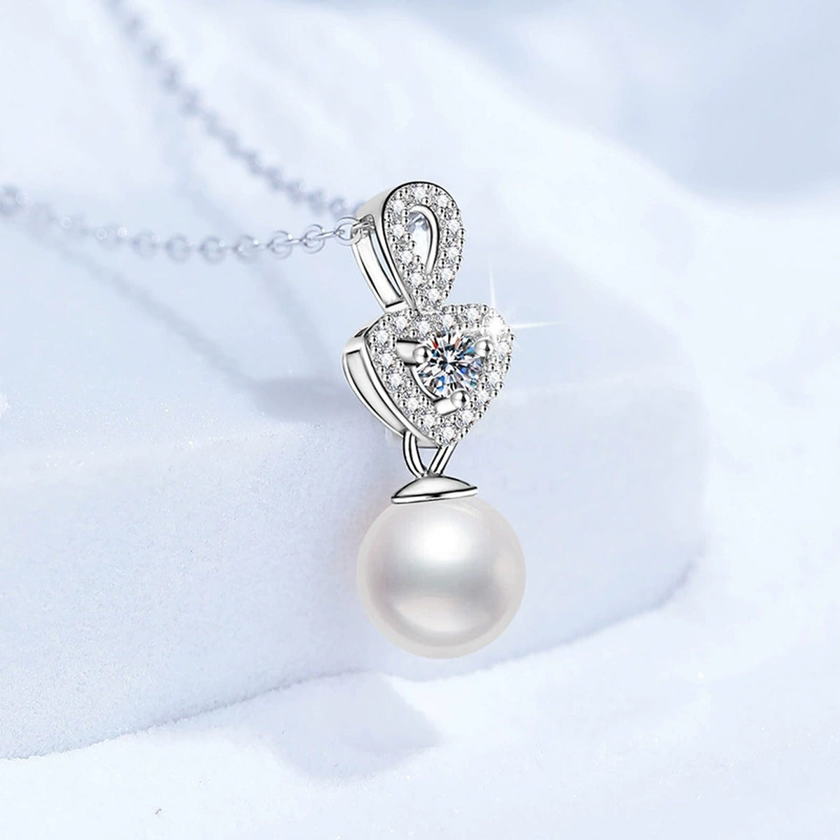 Crown Moissanite Freshwater Pearl Pendant Necklace with Cubic Zirconia in White Gold-Plated S925 Sterling Silver close-up product detail view