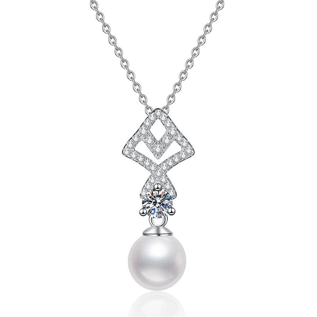 Geometric Moissanite Freshwater Pearl Pendant Necklace with Cubic Zirconia in White Gold-Plated S925 Sterling Silver on clean white background showing the geometric drop pendant with a freshwater pearl and moissanite detail