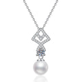 Geometric Moissanite Freshwater Pearl Pendant Necklace with Cubic Zirconia in White Gold-Plated S925 Sterling Silver on clean white background showing the geometric drop pendant with a freshwater pearl and moissanite detail
