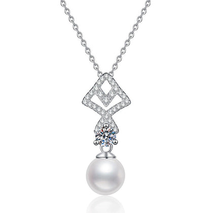 Geometric Moissanite Freshwater Pearl Pendant Necklace with Cubic Zirconia in White Gold-Plated S925 Sterling Silver on clean white background showing the geometric drop pendant with a freshwater pearl and moissanite detail