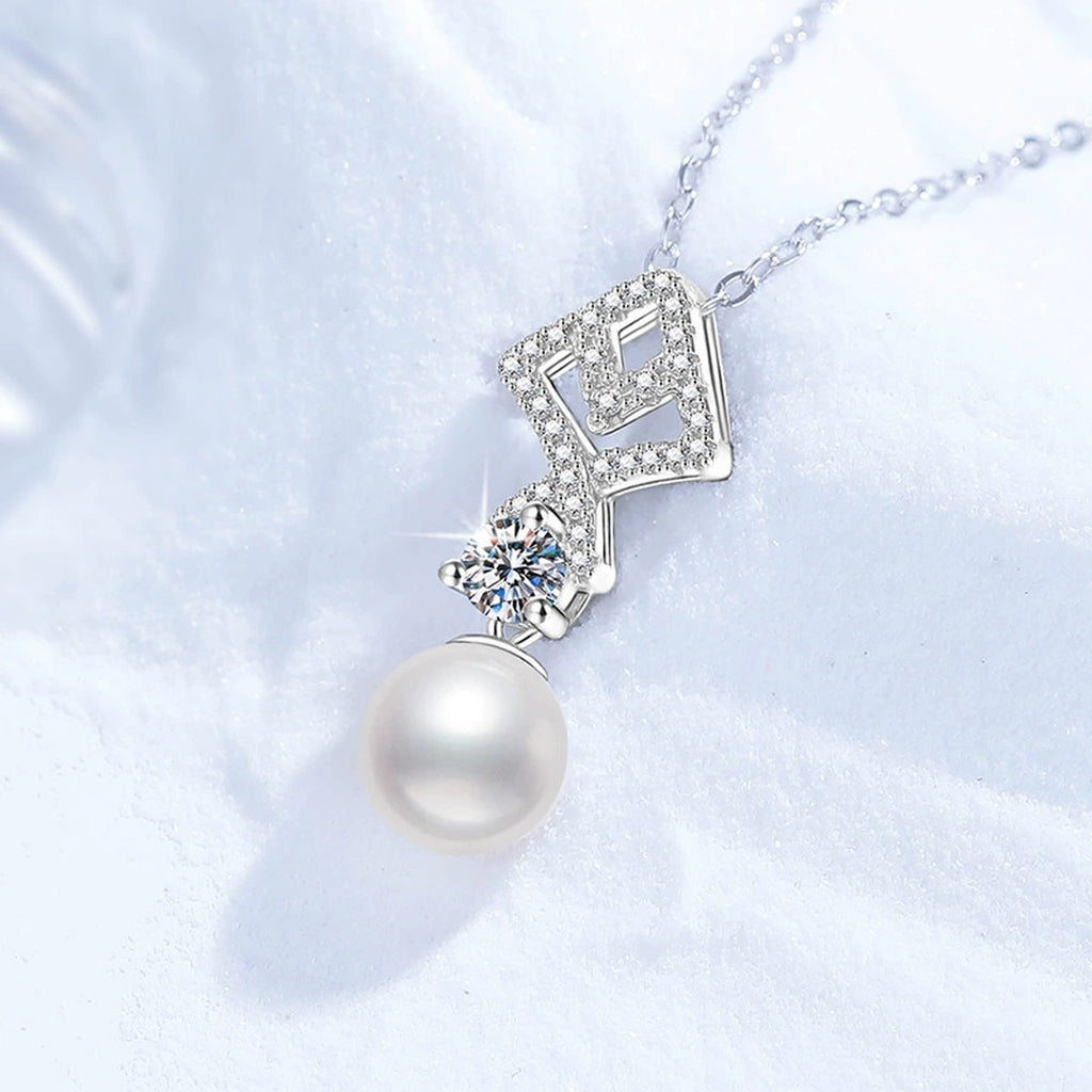 Geometric Moissanite Freshwater Pearl Pendant Necklace with Cubic Zirconia in White Gold-Plated S925 Sterling Silver close-up product detail view
