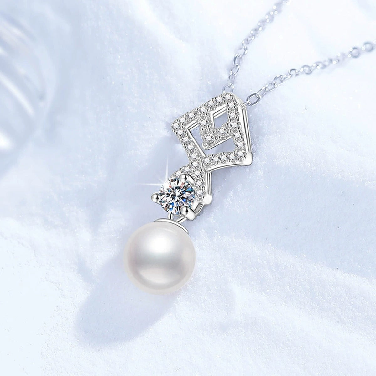 Geometric Moissanite Freshwater Pearl Pendant Necklace with Cubic Zirconia in White Gold-Plated S925 Sterling Silver close-up product detail view