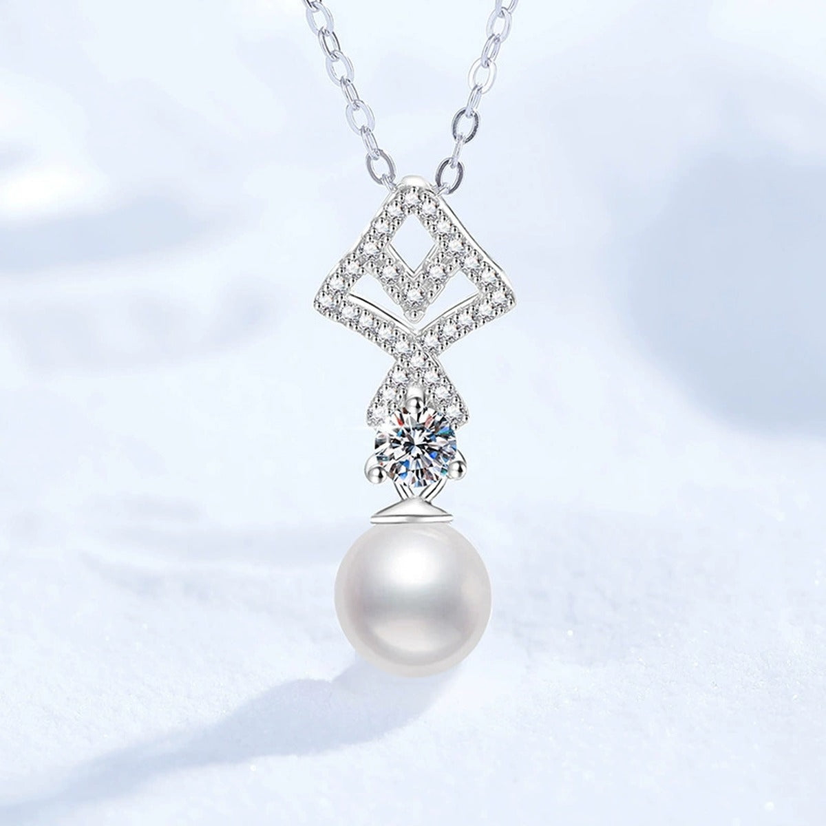 Geometric Moissanite Freshwater Pearl Pendant Necklace with Cubic Zirconia in White Gold-Plated S925 Sterling Silver close-up product detail view