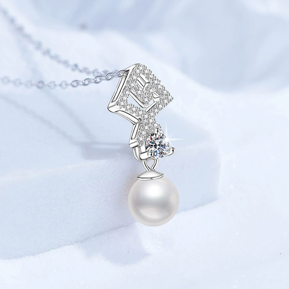 Geometric Moissanite Freshwater Pearl Pendant Necklace with Cubic Zirconia in White Gold-Plated S925 Sterling Silver close-up product detail view