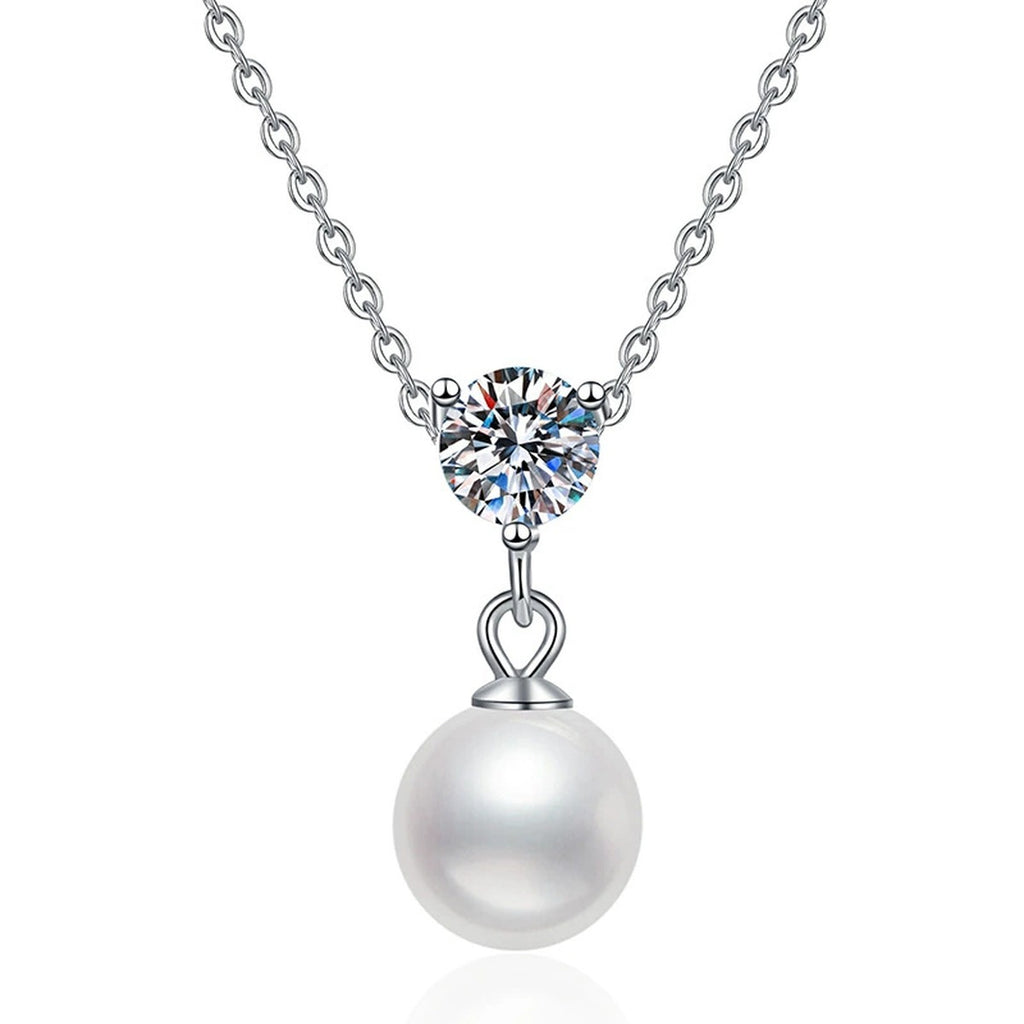 Cluster Moissanite Freshwater Pearl Pendant Necklace in White Gold-Plated S925 Sterling Silver on clean white background showing the small cluster pendant with a freshwater pearl and moissanite accent