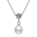 Cluster Moissanite Freshwater Pearl Pendant Necklace in White Gold-Plated S925 Sterling Silver on clean white background showing the small cluster pendant with a freshwater pearl and moissanite accent