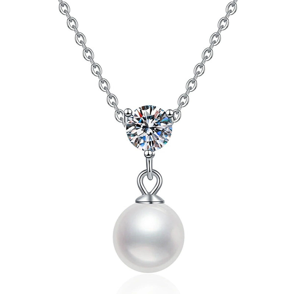 Cluster Moissanite Freshwater Pearl Pendant Necklace in White Gold-Plated S925 Sterling Silver on clean white background showing the small cluster pendant with a freshwater pearl and moissanite accent