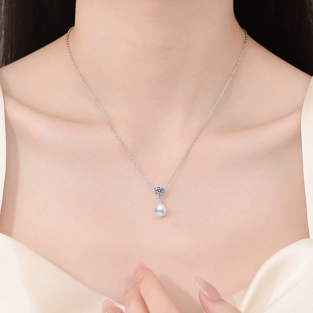 Cluster Moissanite Freshwater Pearl Pendant Necklace in White Gold-Plated S925 Sterling Silver worn on neckline by model