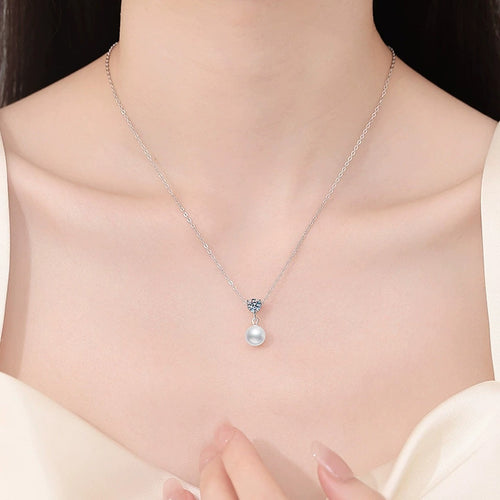 Cluster Moissanite Freshwater Pearl Pendant Necklace in White Gold-Plated S925 Sterling Silver worn on neckline by model