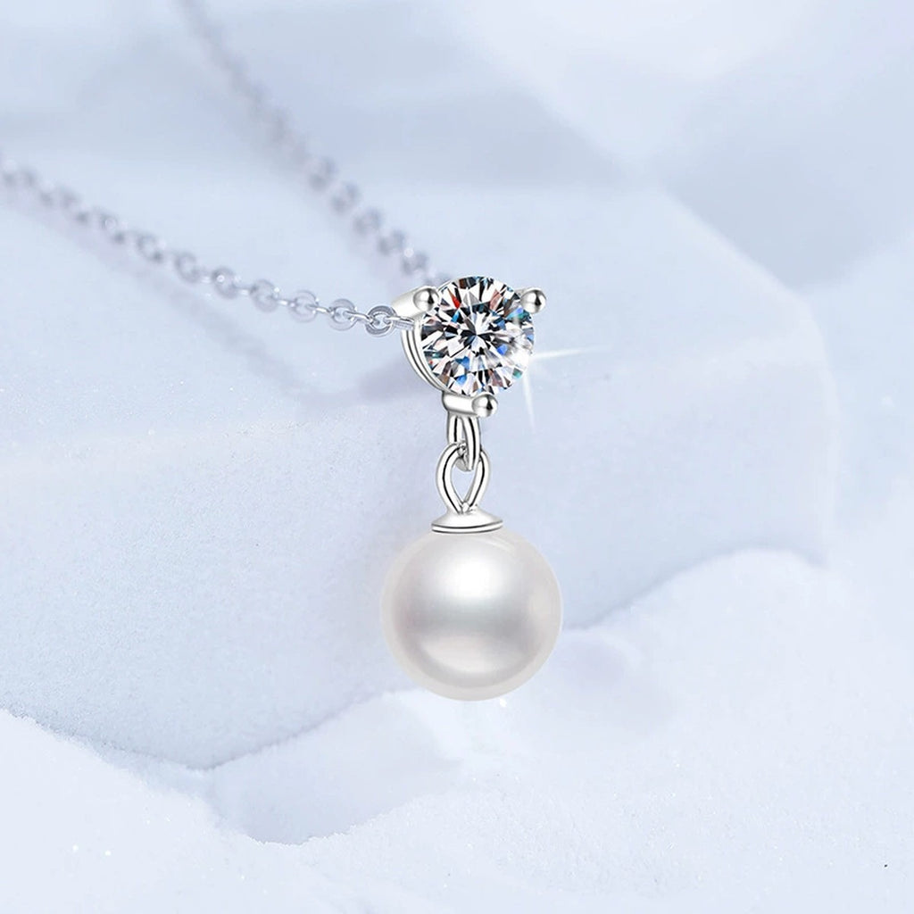 Cluster Moissanite Freshwater Pearl Pendant Necklace in White Gold-Plated S925 Sterling Silver close-up product detail view