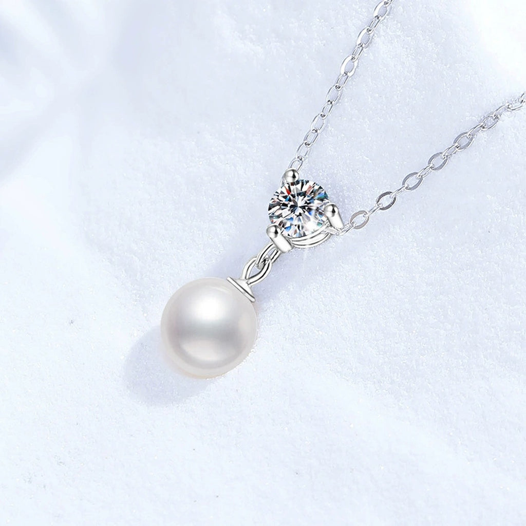 Cluster Moissanite Freshwater Pearl Pendant Necklace in White Gold-Plated S925 Sterling Silver close-up product detail view