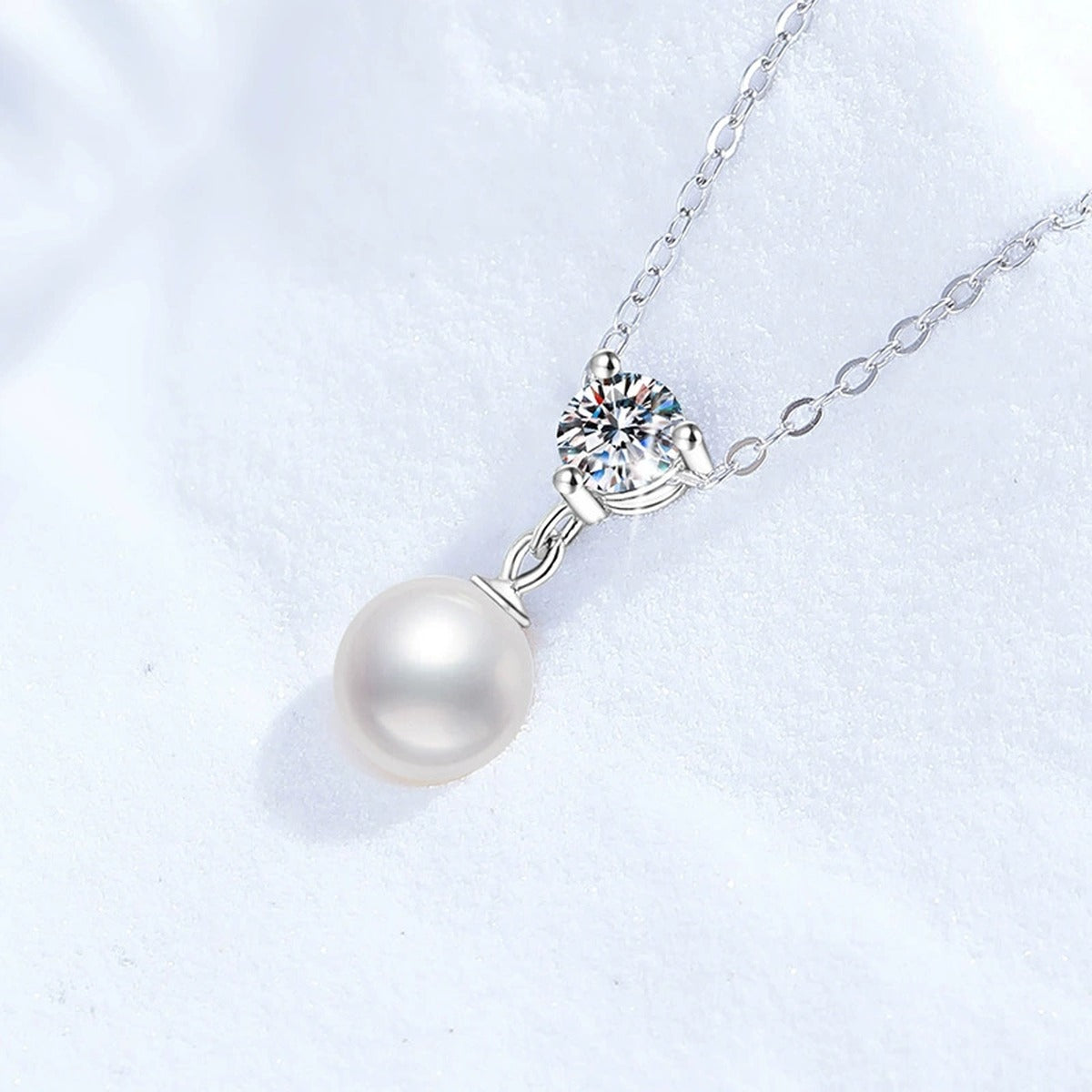 Cluster Moissanite Freshwater Pearl Pendant Necklace in White Gold-Plated S925 Sterling Silver close-up product detail view