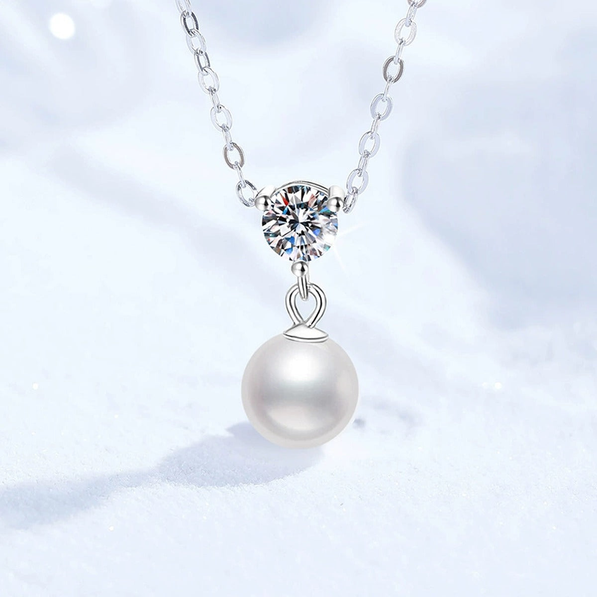 Cluster Moissanite Freshwater Pearl Pendant Necklace in White Gold-Plated S925 Sterling Silver close-up product detail view