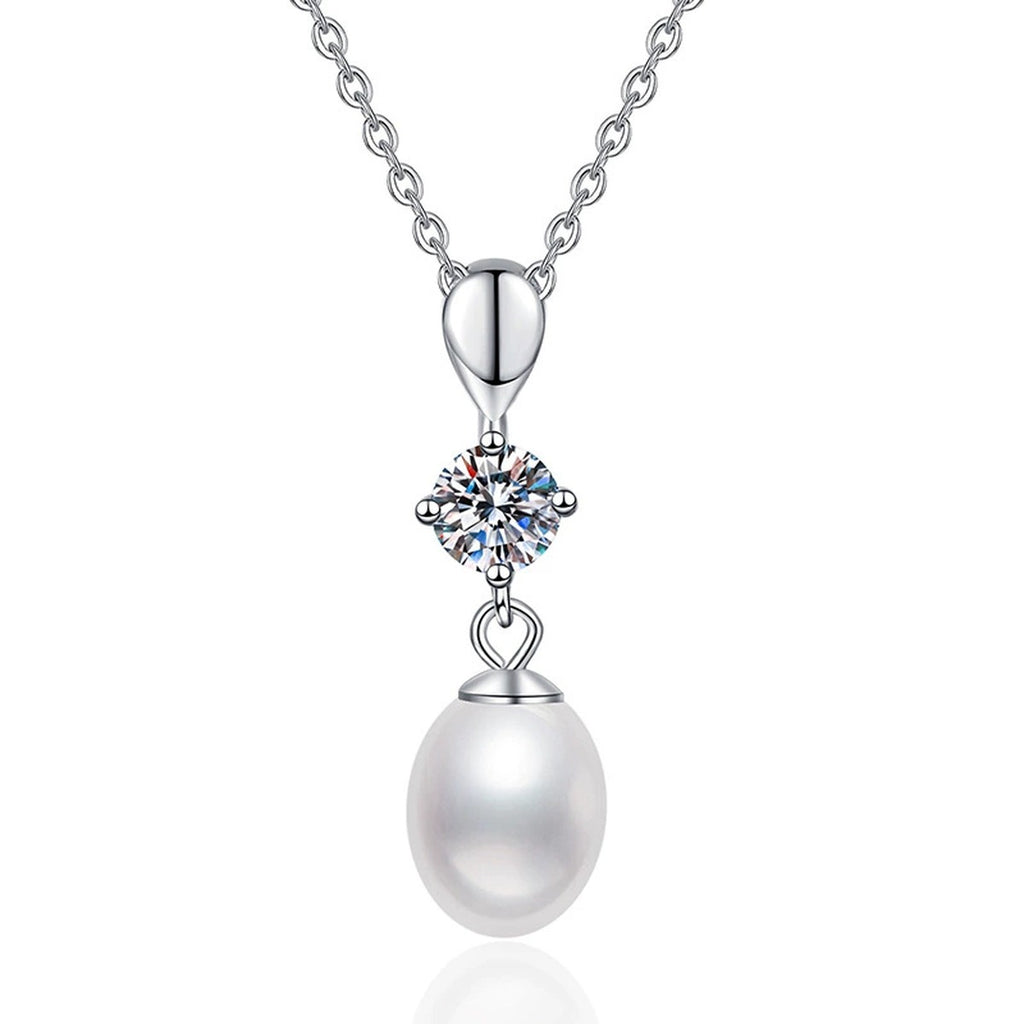 Drop Moissanite Freshwater Pearl Pendant Necklace in White Gold-Plated S925 Sterling Silver on clean white background showing the slender drop pendant with a rice-shaped freshwater pearl