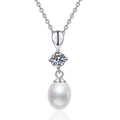 Drop Moissanite Freshwater Pearl Pendant Necklace in White Gold-Plated S925 Sterling Silver on clean white background showing the slender drop pendant with a rice-shaped freshwater pearl