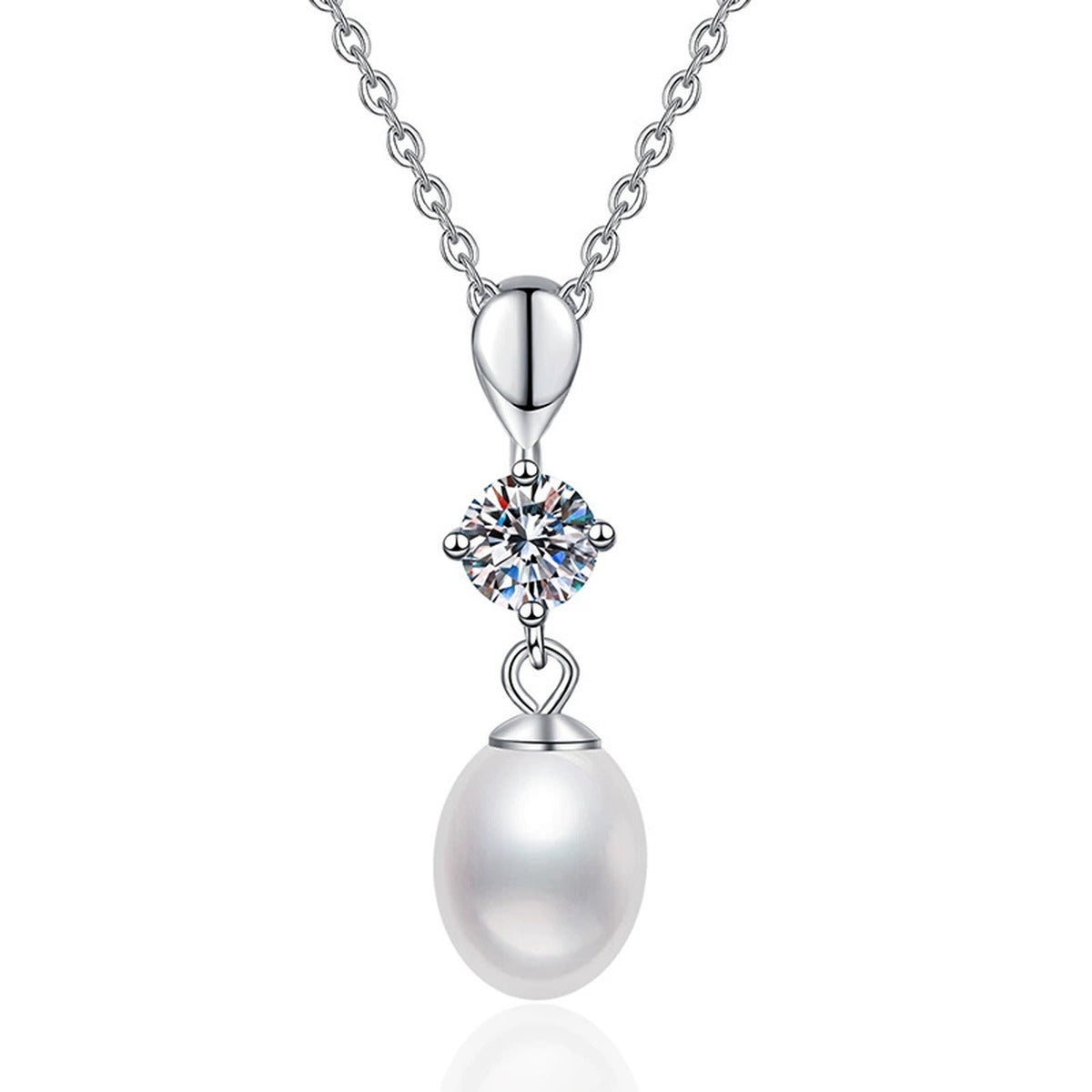 Drop Moissanite Freshwater Pearl Pendant Necklace in White Gold-Plated S925 Sterling Silver on clean white background showing the slender drop pendant with a rice-shaped freshwater pearl