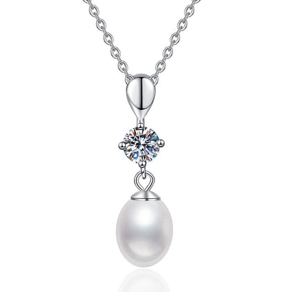 Drop Moissanite Freshwater Pearl Pendant Necklace in White Gold-Plated S925 Sterling Silver on clean white background showing the slender drop pendant with a rice-shaped freshwater pearl