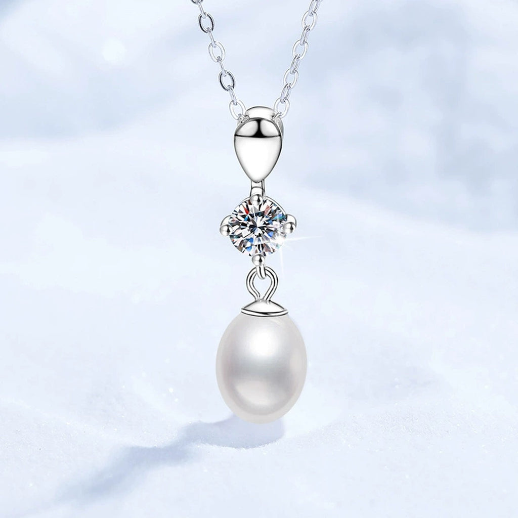 Drop Moissanite Freshwater Pearl Pendant Necklace in White Gold-Plated S925 Sterling Silver close-up product detail view