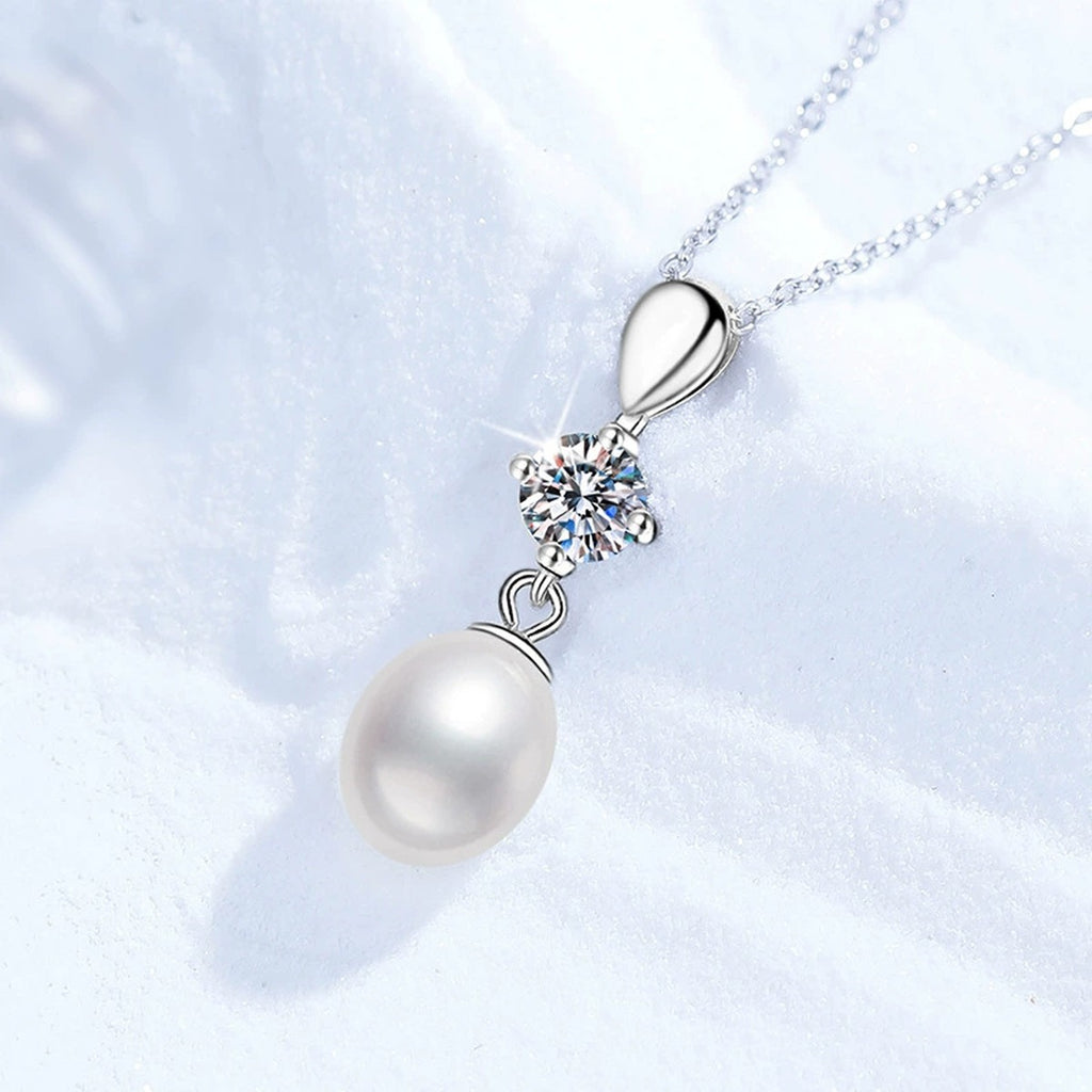 Drop Moissanite Freshwater Pearl Pendant Necklace in White Gold-Plated S925 Sterling Silver close-up product detail view